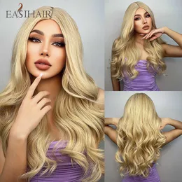Синтетические парики Easihair Blonde Golden Long Wavy Synthetic Wigs для женщин Натуральные волосы средняя часть теплостойкость для косплея парик 230227