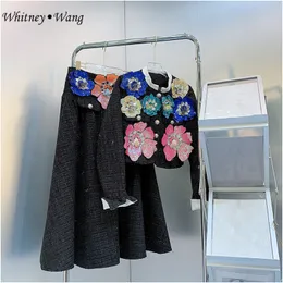 Vestido de duas peças Whitney Wang Designer estilo Spring Fashion Streetwear 3D Florals Casaco e Saia Mulheres 2 Peças Conjuntos 230302