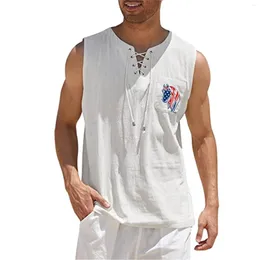 Men's Tank Tops Fashion Mens Summe Cotton Linen Casual Sleeveless Loose Lace Up V-neck Striped Star Tees Shirts Male Streetwear