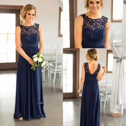 New Country Navy Blue Scoop Bridesmaid Dresses Cheap 2023 Beach Chiffon Wrinkles Lace Sheer Long Pregnant Maid of Honor Gowns