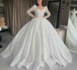 Sparkly Ball Gown Wedding Dresses Long Sleeves V Neck Sequins Appliques Beaded 3D Lace Ruffles Diamond Bridal Gowns Dresses Plus Size Custom Made Vestido de novia