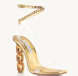 2023 Luksusowe projektantki wysokie obcasy buty dla kobiet Aquazzuras aura plexi Sandal Straps buty Lady Wedding Shoess cienki impreza z pudełkiem