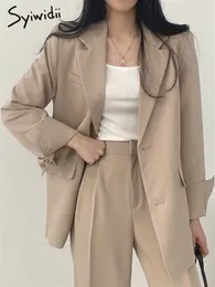 Damenanzüge Blazer Syiwidii Blazer Frauen Solide Langarm Kerbe Korean Fashion Button Up Lange Anzüge Büro Damen Elegant Casual Blazer 230302