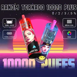 Authentischer RandM Tornado 10000 plus Puffs Einweg-Vape-Stift E-Zigaretten 20 ml Pod Mesh-Spule RGB-Licht wiederaufladbar luftverstellbar 2 % 5 % Geräteverdampfer 10k