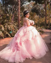 Vestido de baile vestidos quinceanera vestidos de noiva mangas tule tule rosa apliques de renda de cristal mamas feitas à mão
