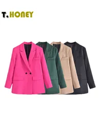 Kvinnors kostymer blazers Tellhoney Women mode Solid Double Breasted Blazers Kvinnliga eleganta långa ärmar Löst jacka rockar Office damer ytterkläder topp 230302