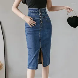 Kjolar vintage split blyerts denim kvinnor 2023 sommar hög midje knappar midi jeans koreanska sexiga jupe femme