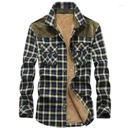 Camicie Casual da Uomo Camicia in Pile Autunno Inverno Uomo Plaid Patchwork Manica Lunga Camisa Masculina Blusa Militare