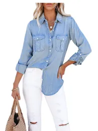 Women's Blouses Shirts Women Long Sleeve Lapel Thin Denim Shirt Fashion Mid Length Jeans Tops Street Casual Coat Clothing S-XL Drop 230302