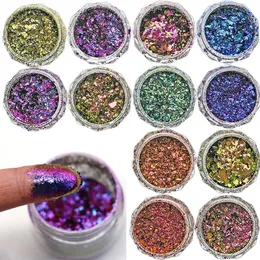 Nail Glitter 12 Box Set Chameleon Nail Glitter Flakes 3D DIY Pulver Powder Dust Mirror Chrome Pigment Flakes nagelkonst Oregelbundet pulver FT79 230302