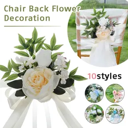 Sashes Aisle Chair Decorations Artificial Silk Rose Hydrangea Floral Wedding Flowers with Eucalyptus bow Ribbons for Arch Decor 230302