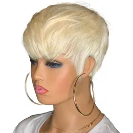 613 Honey Blonde Color Wavy Short Bob Wig With Bangs Pixie Cut No Lace Front Human Hair Wigs For Black Women1845