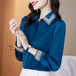 Camicette da donna Camicie Raso di seta Autunno Moda donna Ricamo Colletto rovesciato Camicia blu a maniche lunghe Office Lady Elegante bottone allentato