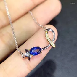 Chains Natural Blue Sapphire Gem Necklace Gemstone Pendant S925 Silver Elegant Row Surround Women Party Gift JewelryChains