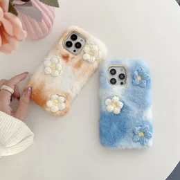 3D Flower Fluffy Fur Fuzzy Cases For Iphone 14 Pro Max 13 12 11 X XS XR 8 7 Plus Fashion Hair Plush Soft TPU Floral Girl Lady Women Chromed Metallic Phone Back Cover