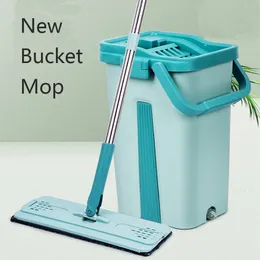 Mop Squeeze Mop con secchio Flat Self-Wring Mop per pavimenti Cucina Strumenti per la pulizia della casa Cuscinetti per mop in microfibra Utilizzo bagnato o asciutto 230302