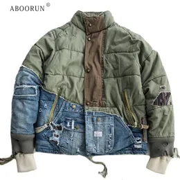 Mens Jackets Aboorun Hi Street Hole Patchwork Denim Jacket Streetwear Thick Down Cotton Jean Coat for Male 230301