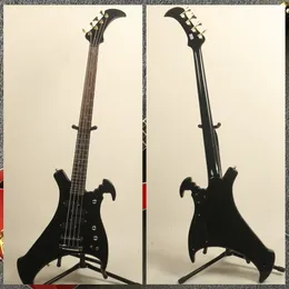 Custom Special Shape 4 String Electric Bass Guitar Black Body Digital inlay Chrome Hardware