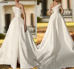 Eelgant One Shoulder Satin A Line Wedding Dresses For Women With Pocket Pleated One Shoulder Sexy Boho Bridal Clowns Sweep Train Fashion Simple Bobes de Mariee CL1924