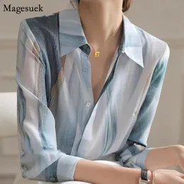 Camisas de blusas femininas impressam elegantes blusas de blusa de chiffon tops de manga longa de cetim vintage feminino moda de outono casual camisa de seda solta 21808 230302