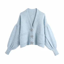 Women's Knits Tees Women Sweet Exquisite Bowknot Decoration Sweater Female Single-Breasted Puff Sleeve Cardigan Chic Top 230302