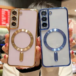 Magnet Wireless Charging Cases For Samsung S23 Plus S22 Ultra Bling CD Grain Chromed Soft TPU Plating Clear Camera Lens Protector Fine Hole Magnetic Phone Back Skin