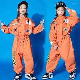 Kinderen coole hiphop kleding met korte mouwen oranje jumpsuit overalls voor meisjesjongens jazzdans kostuum balzaal dansende kleding