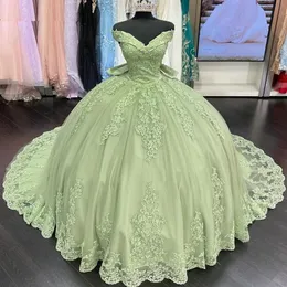 Mint Green Lace Quinceanera Dresses Bow Back Appliques Ball Gown Off The Shoulder Corset Sweet 15 Vestidos De Quinceanera Debutante Prom Party Dress