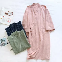 Homens sleepwear japonês quimono roupão de verão estilo algodão casal camisola serviço doméstico feminino fino masculino xadrez robe