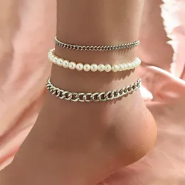 Anklets Klassische silberne Farbe Kubanische Kette Bohemian Imitation Perle Knöchelarmbänder für Frauen Sommer Beach Ankettchen Schmuck Frau288z