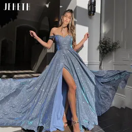 Vestidos de festa Jeheth Mulheres Blue Blue Shiny Off the ombro noite de cetim macio lateral sweetheart dividido Sexy Longo Prom Formal vestidos 230301