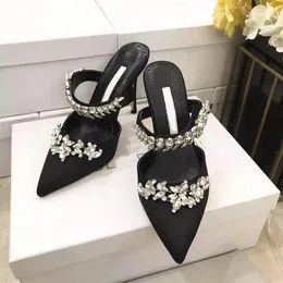 Italy Shoes Fashion Pumps Lurum Black Satin Crystal Abbellito Mules Wedding Party 90mm Heel283N