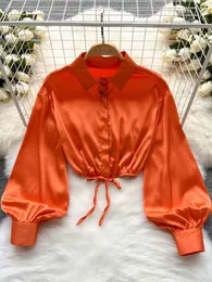 Women's Blouses Foamlina Women Satin Shirt Solid Color Short Blouse 2023 Spring Summer Turn-down Collar Long Sleeve Buttons Lace-up Crop Top