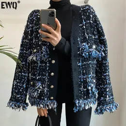 Women's Knits Tees EWQ Korea Chic Autumn Winter Vneck Tassel Wool Mixed Color Knitted Cardigan Loose Long Sleeve Black Sweater Coat 2023 16E4362 230302