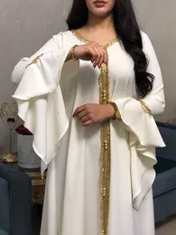 Casual Dresses Siskakia Jalabiya Kaftan Dress For Women Dubai Turkey Golden Ribbon Embroidery Loose Muslim Arabic Islamic Clothing White 230302