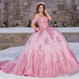 Bling pembe quinceanera, özel ocn boncuk papyonu için omuz topu balo elbisesinden elbiseler tatlı 15 vestidos