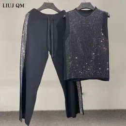 Kadınlar iki parçalı pantolon yaz Kore moda ağır endüstri sondaj yelek örgü üst rahat geniş bacak set eşofman kadın 230302