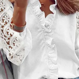 Blouses feminina feminina renda feminina Hollow Blush White Blouse Office Lady Manga Longa Camisetas V Summer Summer Sexy Casual Feminino Elegante