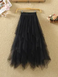 Salia Irregular Tulle Moda Elastic High Mesh Mesh Tutu Pleated Long Midi Saiias Faldas Jupe Femmle 230302