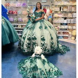 Hunter Green Princess Quinceanera Dresses 3D Flowers Beads Chaking-Up Corset Sweet 15 Dress مع حزب الدب ارتداء XV Anos