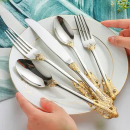 Servis uppsättningar Luxery Gold Cutlery Vintage 1810 Rostfritt stål Silver Flatware Knife och Spoon Drop 230302