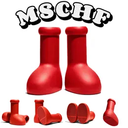 Kutu ile mschf büyük kırmızı tasarımcı ayakkabıları astro çocuk bot moda kadın kalın dip kauçuk platform yağmur bootie büyük boy diz kırmızı açık ayakkabı