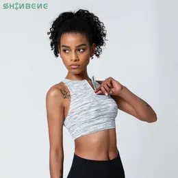 Roupa de ioga Shinbene Half Zipper Push Up Sports Sports Bras Crop Top Women High Neck Algodão sem fio Feel Gym Fitness Training Dester