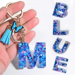 Chave de letra da moda acrílica Keychain com borboleta azul pingente de lantejoulas cheias 26 iniciais anéis de chave para mulheres de bolsa de bolsa R230301