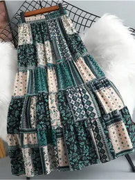 Spódnice Surmiitro midi długie plisowane kobiety 2023 Wiosna lato zielony Khaki Bohemian Druk Elegancki linia wysokiej talii Kobieta 230302