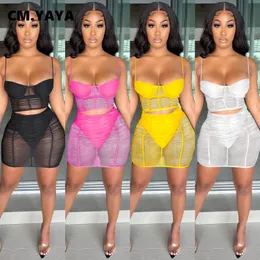 Two Piece Dress CMYAYA Mesh See Though Beach Womens Tracksuit Midi Shorts Skirts Set with Crop Tops Matching Two 2 Piece Set Active Sweatsuit 230301