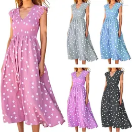 Summer Casual Polka Dot Print Maxi Dresses For Women Ruffles ärmlösa Long Ladies Office Boho Beach Dress Robe Femme