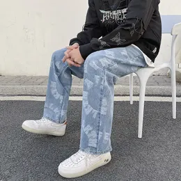 Herr jeans jacquard jeans blå män lösa raka ben långa byxor streetwear baggy denim kläder grafiska streetwear baggy 230302