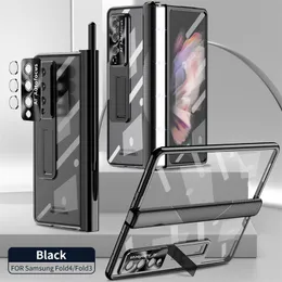 Clear Magnetic Hinge Electroplated Folding Phone Case for Samsung Galaxy Z Fold3 Fold 4 5G Hidden Kickstand Shell with Touch Pen