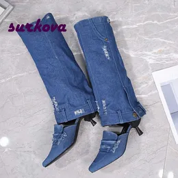 Jeans de jeae joelho de joelho altos verão azul três relógios de piercing salto de gatinho salto feminino botas de sandália sapatos de pista elegante sexy 230302